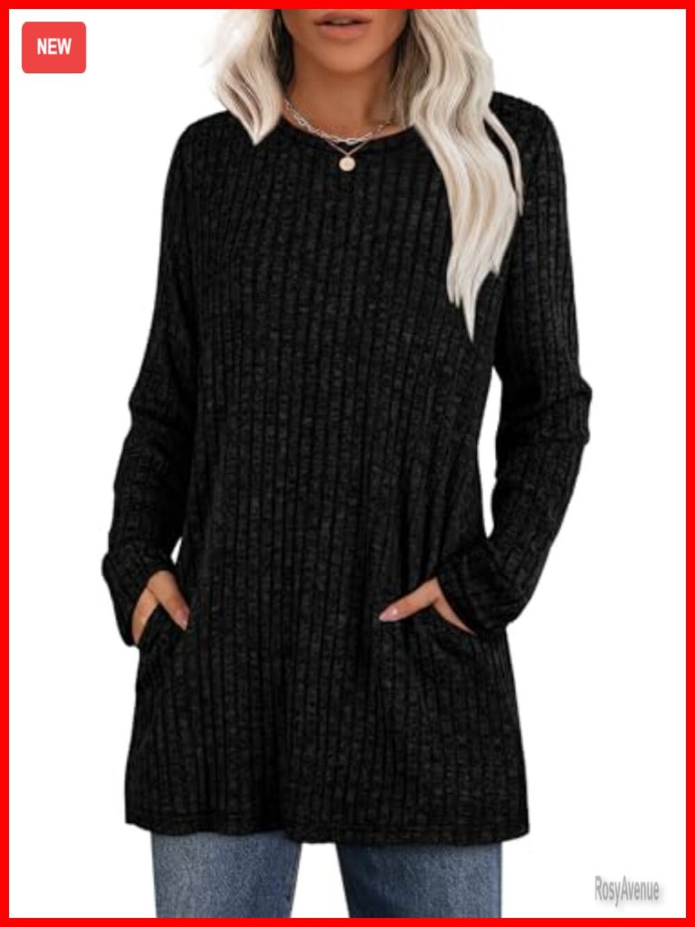 Long Sleeve Crewneck Tunic Top Loose Fit Pullover with Pockets
